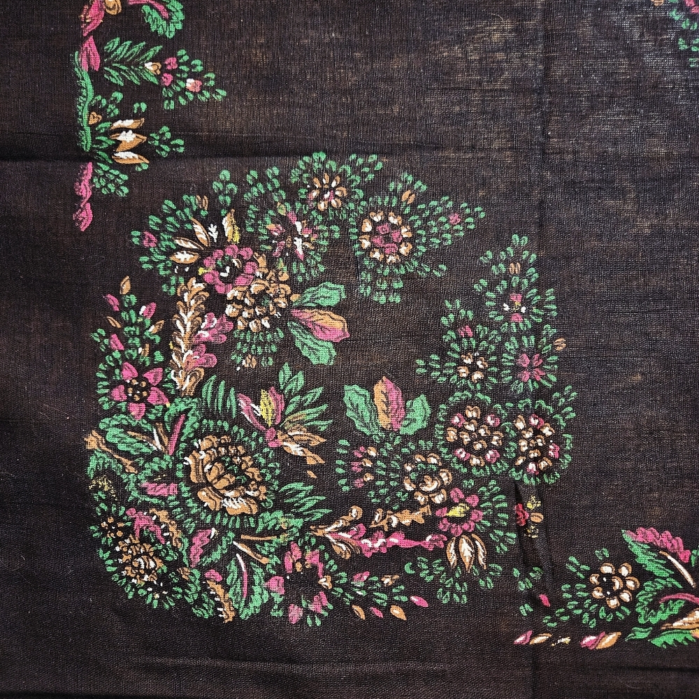 Vintage Black Cotton Square Shawl/Scarf With Printed Floral Design - Picture 8 of 8